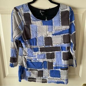 Alfani Knit Printed T-Shirt, 3/4 sleeve, Blue/ Black, Sz XL (1008)